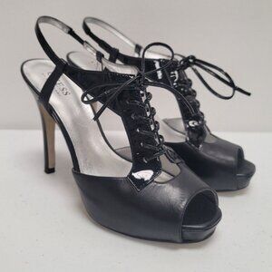 Guess Womens Lace Up Slingback Pumps Size 8 Black Leather Open Toe Goth Cocktail